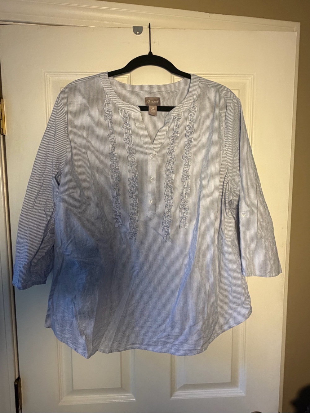 Chicos Light Blue Striped Ruffle Bib Tunic Top (chicos 3) US 16